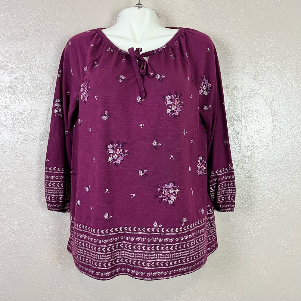 5 for $30 Sonoma Women L  Burgundy Peasant Floral Tie Neck 3/4 Sleeve Rayon Top‎